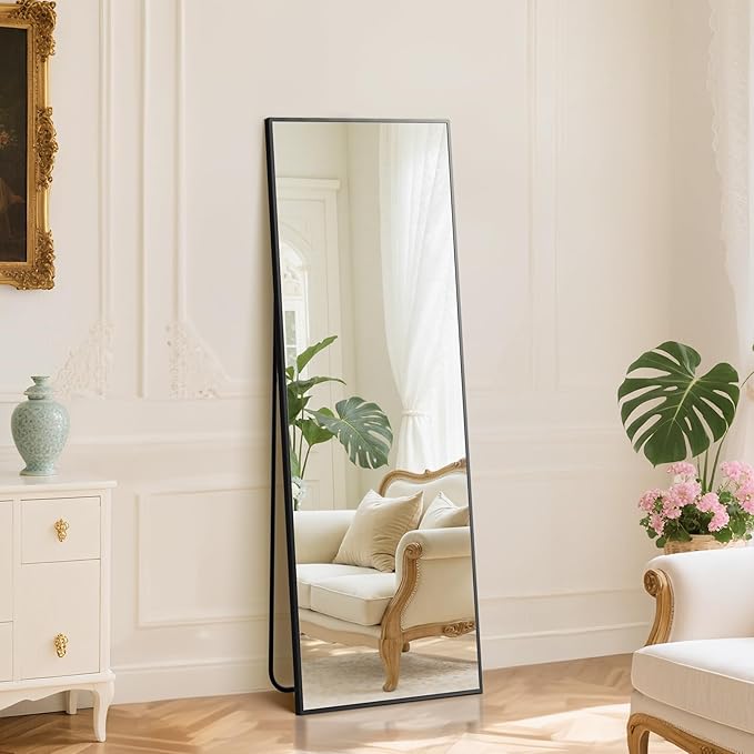 DUMOS 16"x59" Full Length Mirror with Stand, Floor Standing Aluminum Frame, Shatter-Proof Nano Glass for Bedroom, Living Room, Cloakroom – Modern Simple Home Decor,Can Be Hanging or Leaning, Black