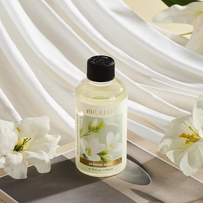 Airkeep Reed Diffuser Oil Refill with Diffuser Sticks, 6.76 Fl Oz(200ml) Jasmine Mint Scented Oils, Aroma Therapy, Home Fragrance & Air Freshener, Office Décor, Decoration