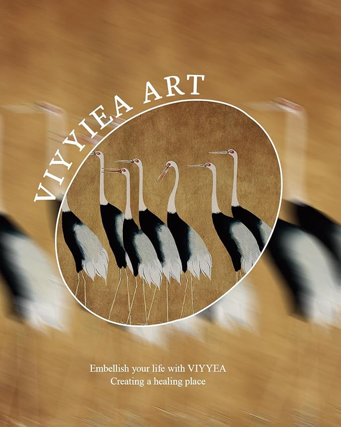 VIYYIEA Vintage Gold Framed Wall Art for Living Room, Cranes Canvas Prints Home Decor, Oil Painting Picture, Bedroom Wall Decor Gifts for Friends or Family -【Seven Cranes】-(10L x 8W)