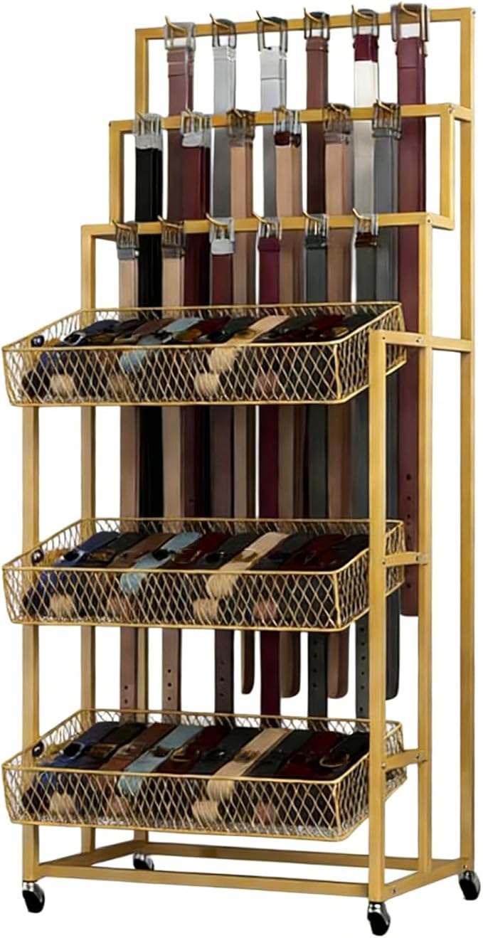Heavy Duty Belt Display Stand, Metal Belt Rack with 360° Rolling Wheels, Multi-Functional Accessory Display for Belts/Scarves/Wallets, Retail Belt Organizer for Store/Closet/Boutique