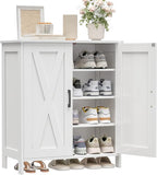 Farmhouse Shoe Cabinet with 2 Barn Doors & Wood Legs, 5-Tier Shoe Storage Cabinet with 3 Adjustable Shelves, Tall Shoe Rack Organizer for Closet, Shoe Organizer for Entryway, Hallway, White