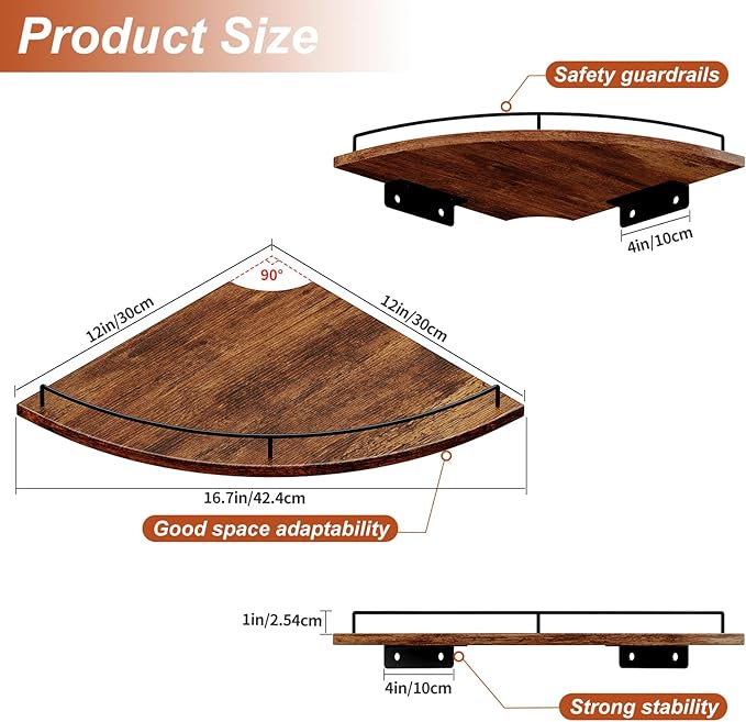 JJL Corner Shelf Wall Mounted, 12 Inches 3-Tier Floating Corner Shelf, Fan-Shaped Rustic Wood Decor with Fence, Brown Storage Organizer for Apartment Bedroom Kitchen Bathroom