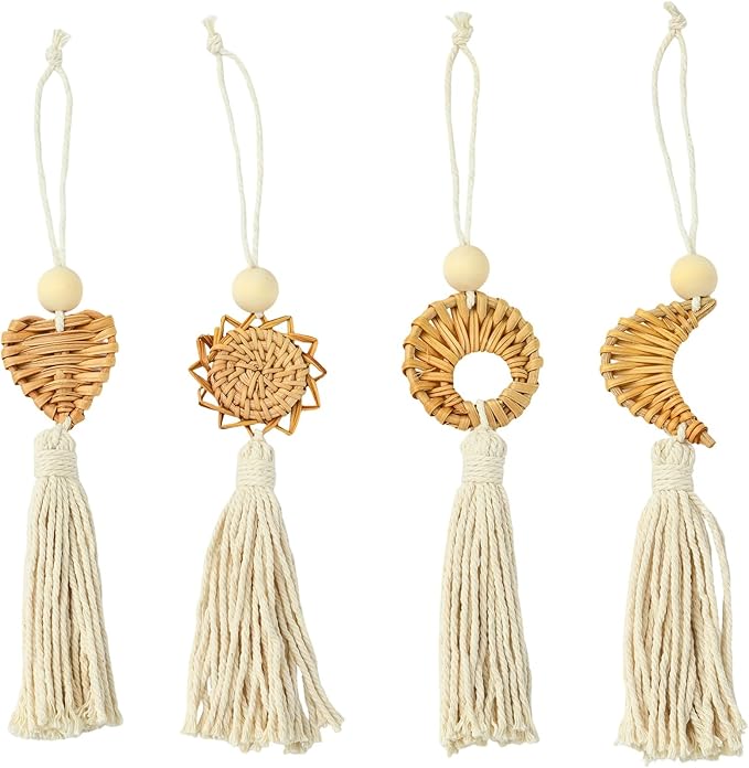 LiQunSweet Handmade Rattan Weave Cotton Rope Tassel, 4Pcs, 25x4.5cm, for Bag Charms, Keychains, Home Decor & Craft Projects