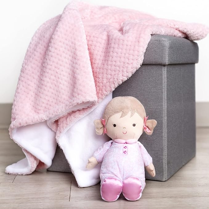 Little Me Plush 11 inch Baby Doll with Rattle, Brigitte (Floral Damask, Pink)