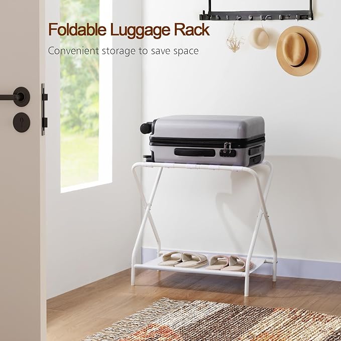 AMHANCIBLE Luggage Rack, Set of 2, Foldable Suitcase Stands for Guest Room, Metal Luggage Holder with Storage Shelf for Bedroom, Hotel, Easy Assemble, White HLR02WT