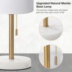 Dicoool Tall Bedside Table lamp for Bedroom - Luxury Marble Base & 3 Color Temperatures Bedside Lamps, Pull Chain Gold Table Lamps, White Nightstand Lamps for Living Room/Guest Room