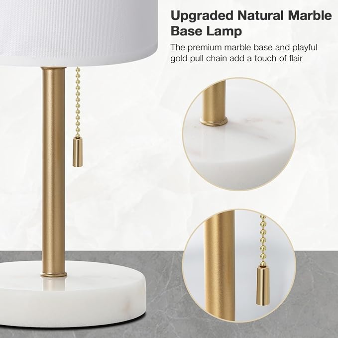 Dicoool Tall Bedside Table lamp for Bedroom - Luxury Marble Base & 3 Color Temperatures Bedside Lamps, Pull Chain Gold Table Lamps, White Nightstand Lamps for Living Room/Guest Room