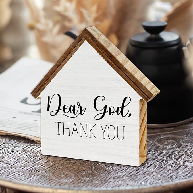 Christian Home Decor, Dear God Thank You House Shaped Wood Sign, Christian Farmhouse Living Room Decor for Desk Table Shelf