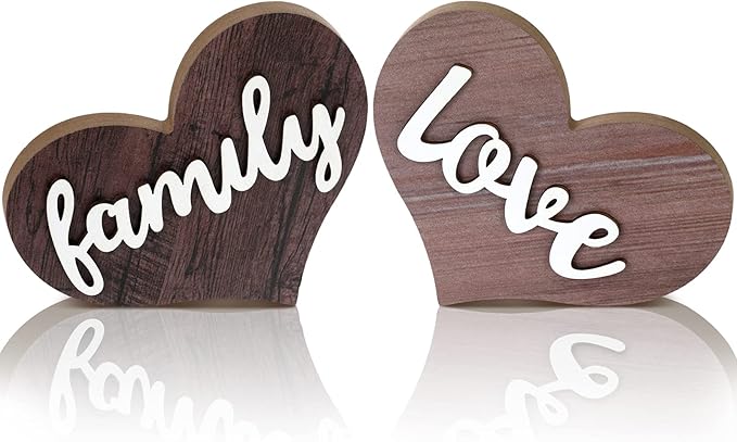 Jetec 2 Pieces Heart Shaped Wooden Decor - Rustic Family Love Table Centerpiece for Home, Living Room, Bedroom, Kitchen, Office - Ideal Housewarming and Wedding Decoration