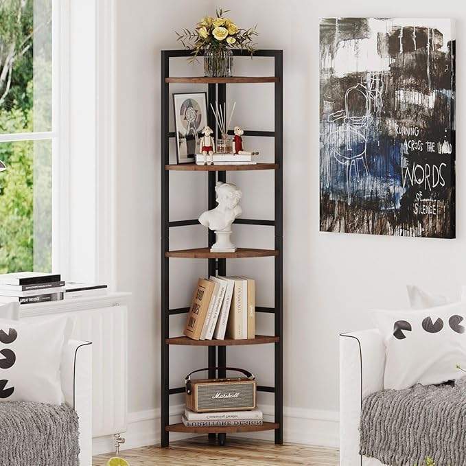 BON AUGURE 5 Tier Corner Bookshelf, Industrial Corner Shelf Stand, Narrow Tall Wood Bookcase, Display Wooden Shelving Unit Shelf for Living Room, Kitchen, Home Office (Rustic Oak)