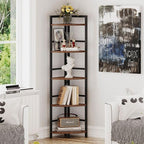 BON AUGURE 5 Tier Corner Bookshelf, Industrial Corner Shelf Stand, Narrow Tall Wood Bookcase, Display Wooden Shelving Unit Shelf for Living Room, Kitchen, Home Office (Rustic Oak)