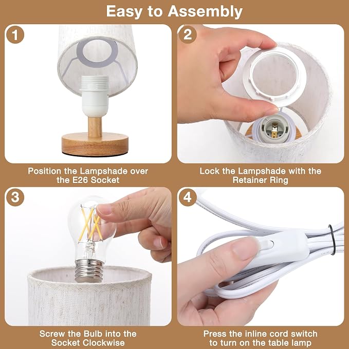 Fenmzee Small Lamps Set of 2 - Inline Control, Bedside Table Lamp for Bedroom with 3000K A15 LED Blub, Easy Assembly (Cream Shade - Wood Base Set of 2, 9" Inline Control)