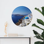 Wall Picture, with Santorini Greek Island Sea View Printed Circular Iron Hanging Picture,Wall Art Decor,Home for Bedroom Living Room Bathroom Decor,Iron Painting 11.8X11.8 in