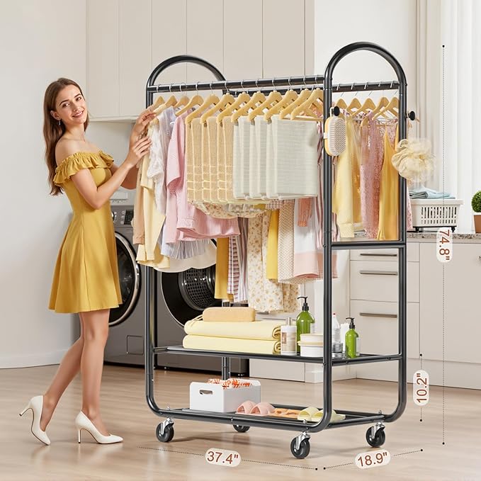 EAGMAK Heavy Duty Clothing Racks for Hanging Clothes 720 Lbs, Rolling Clothes Rack Double Rod Garment Rack with Lockable Wheels, Metal Closet Organizer for Bedroom, Laundry, Retail, Black
