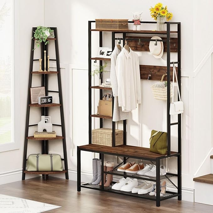 BON AUGURE 5-Tier Corner Ladder Shelf Stand, Black Metal Wood Corner Bookshelf, Narrow Tall Display Bookcase Shelving Unit for Living Room, Home Office, Small Space (Rustic Oak)