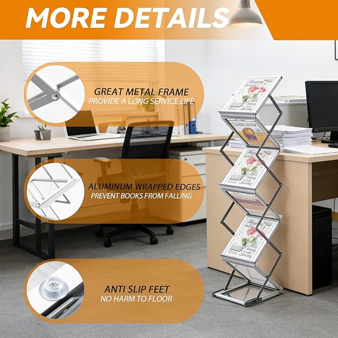 6 Pockets Aluminum Foldable Magazine Rack Floor, Brochure Magazine Display Stand, Brochure Holder, Literature Rack with Carrying Bag for Trade Shows, Exhibition, Office, Retail Store