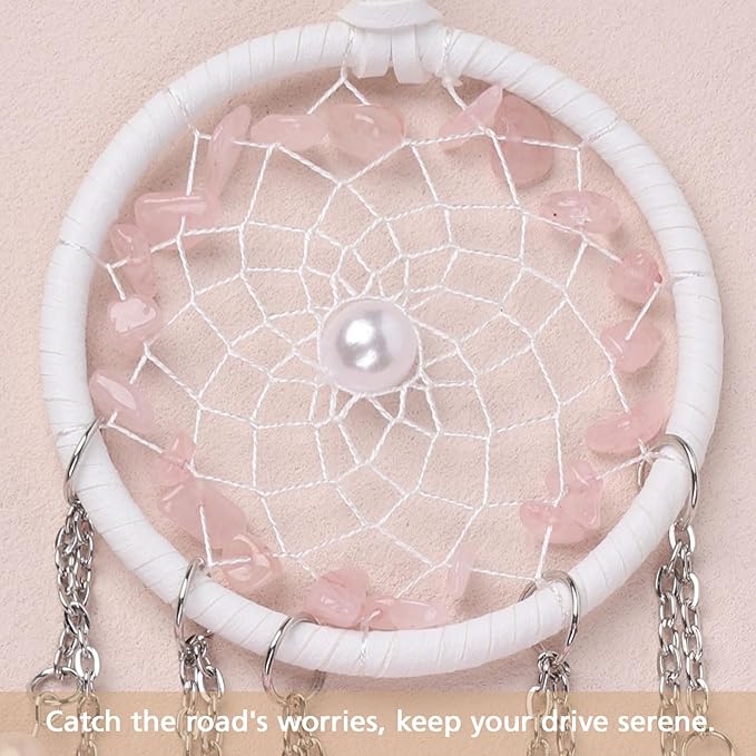 Pretty Jolly Crystal Stone Small Dream Catchers Pink Feathers Mini Dreamcatchers with Beads for Car Rear View Mirror Hanging Decoration Good Luck Travel Charm Little Bedroom Ornaments for Women Girls