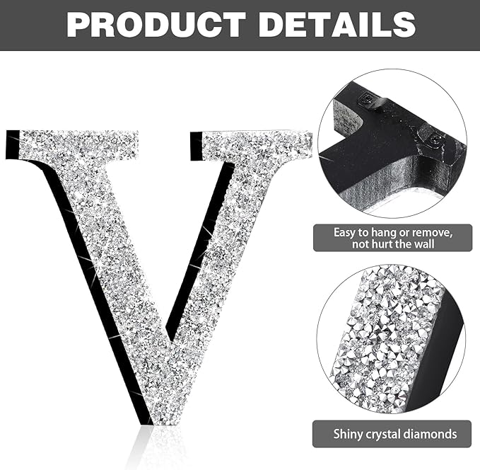 Qunclay 8'' Silver Crystal Diamond Bling Letters Crushed Diamond Decoration Wooden Glitter Letter with Screw and Hooks Rhinestone Gift for Wedding Y2k Mcbling Bedroom Wall Decor (Letter V)