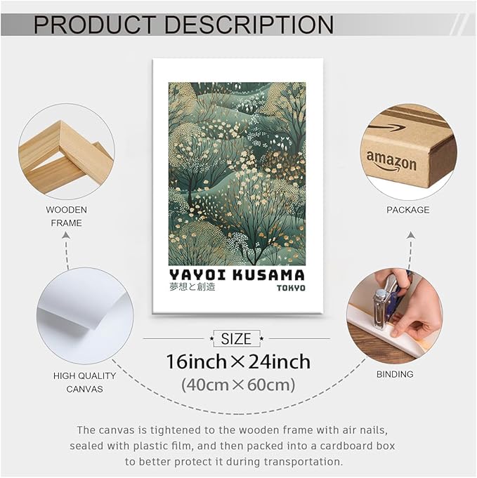 Yayoi Kusama Inspired Poster Japanese Botanical Wall Art Abstract Yayoi Kusama Print Modern Ukiyo-e Japanese Gallery Wall Decor 16x24in Framed for Home Bedroom Decorations