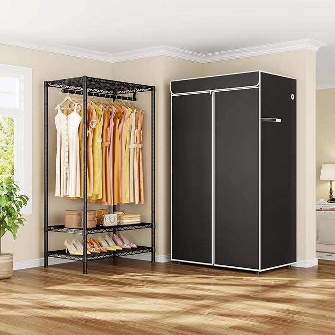 H5C Clothes Rack with Cover, Portable Closet for Hanging Clothes, Covered Clothing Racks Heavy Duty, Freestanding Garment Racks with Shelves Max Load 360LBS Black Closet Rack with Black Cover