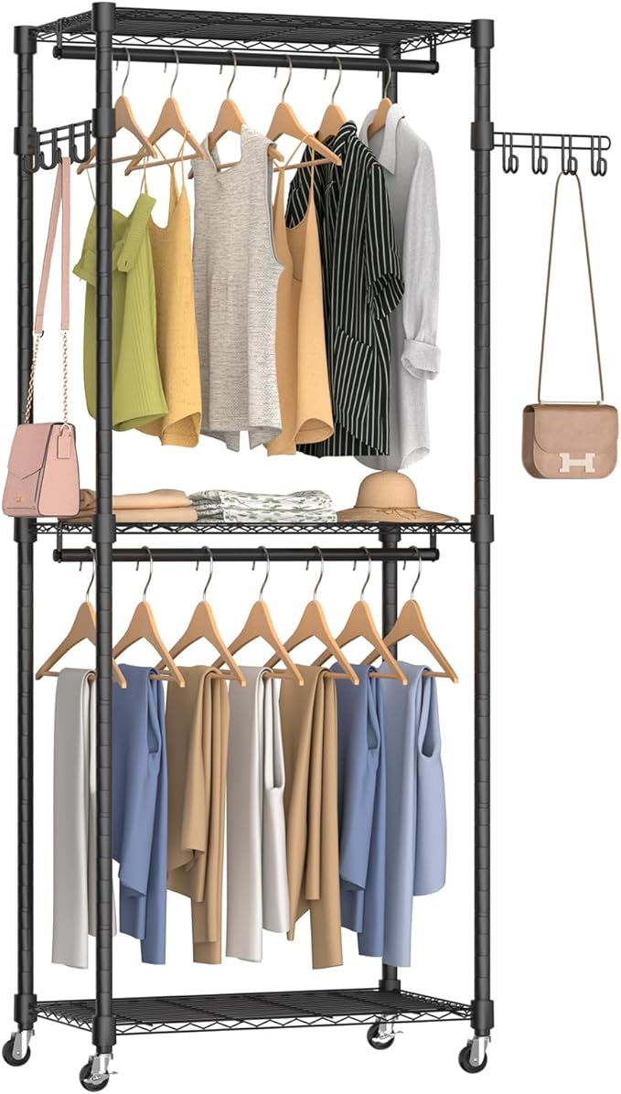 Heavy Duty Rolling Garment Rack, 3 Tiers Wire Shelves Adjustable Freestanding Portable Rolling Clothing Rack with Lockable Wheels, 29.5''L x 15.8''W x 78.8''H, Max Load 400 LBS