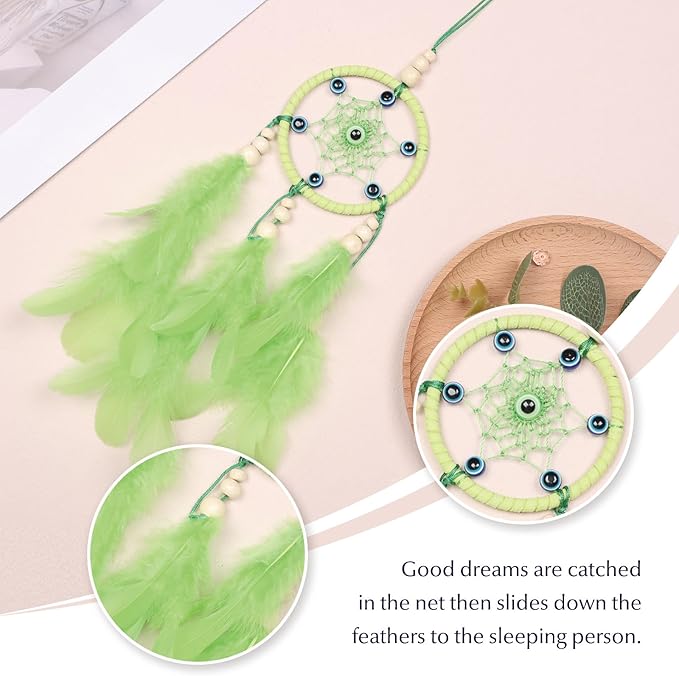 Pretty Jolly Small Evil Eye Dream Catchers Wall Decor Wood Beads Handmade Green Feathers Mini Dreamcatchers Home Decoration Ornament for Car Bedroom Birthday Party