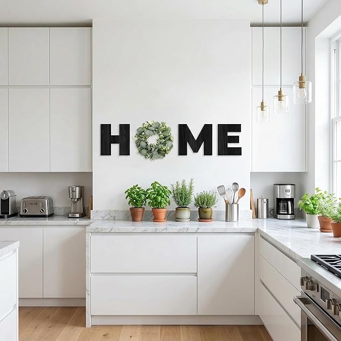 Pinkpum Wood Home Sign with Artificial Eucalyptus Wreath for O, Hanging Farmhouse Wall House Decor Wood Letters for Wall Art Rustic Home Decor, Wall Decor for Living Room Kitchen Entryway (Black)