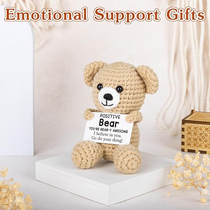 WELLBANEE Positive Crochet Bear Gift for Women Men, Mothers for Dad Mom, Positive Bear Graduation Gift for Daughter Son Student, Teacher, Friends, Boss Gifts for Women Coworker