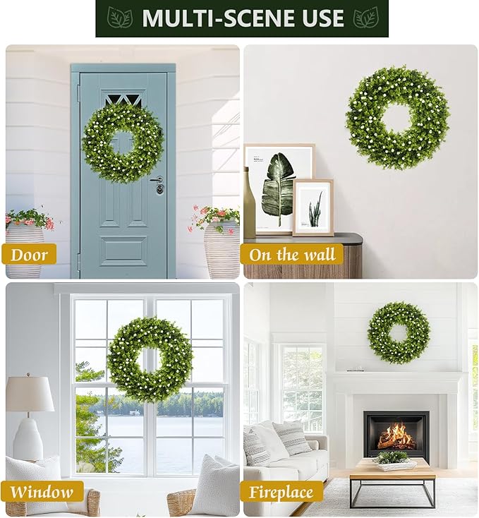 24'' Boxwood Wreath for Front Door, Porch, Window - Foldable Greenery Boxwood Wreaths for Farmhouse Wedding Indoor Outdoor Decor - Spring, Summer, Fall, All Seasons