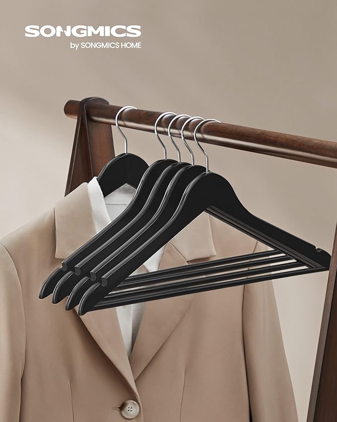 SONGMICS Wooden Hangers, 20-Pack Wood Coat Hangers with Shoulder Notches, Swivel Hook, Non-Slip for Jackets, Shirts, Suits, Black and Silver UCRW02B-20