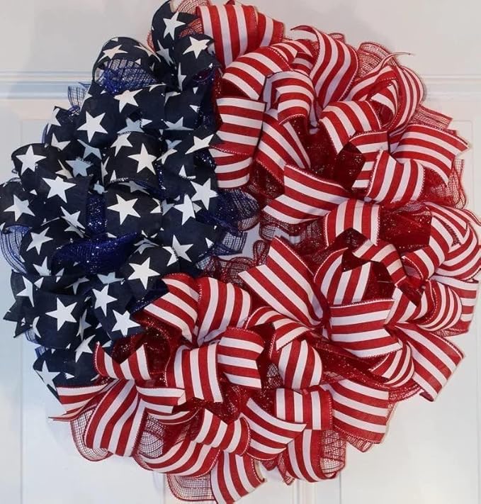 Patriotic Wreaths for Front Door, New 250th Anniversary Decorations, 4th of July Decorations Outdoor, Handcrafted Memorial Day Wreaths, Festival Celebration USA Flag Printed Wreath (E)