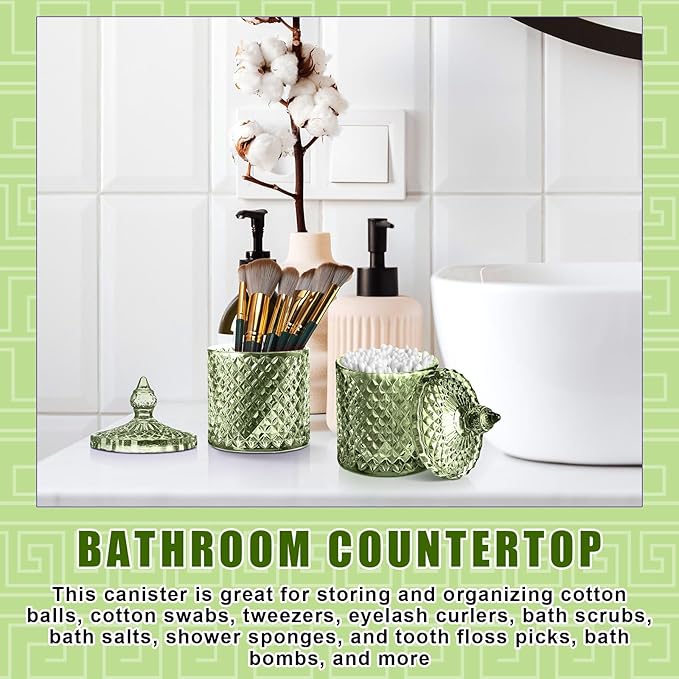 Aoriher 4 Pcs Crystal Glass Candy Jar Set with Lids Home Decorative Storage Jars for Apothecary, Bathroom, Kitchen, and Pantry, Ideal for Cotton Swabs and Jewelry (Large,Green)