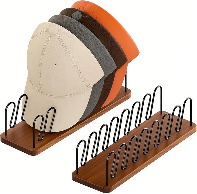 Hat Organizer -2 PacK | Wood & Metal Hat Rack Holds 14 Caps | Space-Saving Closet Shelf Organizer for Bedroom, Dresser, Entryway