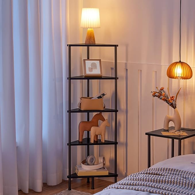 HOOBRO Corner Shelf Stand, Industrial 5-Tier Wall Corner Bookshelf with Metal Frame, Plant Display Shelf, Bookcase for Small Spaces, Bedroom, Living Room, Black BK33CJ01