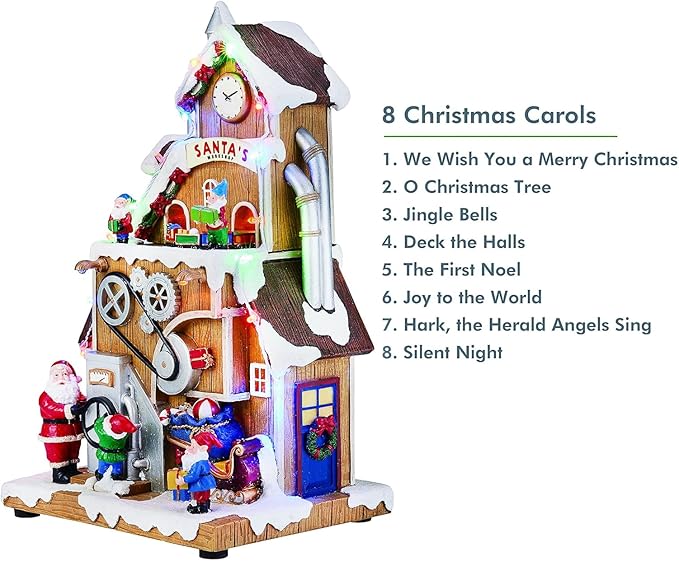 Santa’s Workshop Animated Christmas Village Moments in Time LED Lights, Music & Moving Scene Hand-Painted Polyresin Holiday Building with Adapter Christmas Home Décor Collectible