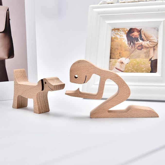 ISHINE Wood Decor Wooden Statue Man and Dog Figurine Handmade Carved Creative Home Office Gift for Men Women Accents Decoration Natural ECO Friendly 7x3 inches (A-Man Kisses Dog)