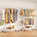 Double Rods Clothing Rack, Heavy Duty Clothes Rack for Hanging Clothes Load 560LBS, Metal Rolling Garment Racks with Wheels, Freestanding Clothes Hanging Racks, White