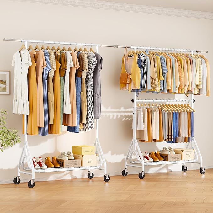 Heavy Duty Clothes Rack for Hanging Clothes, Double Rods Clothing Rack with Lockable Wheels, Rolling Garment Racks with Shelf, Easy to Assemble, White
