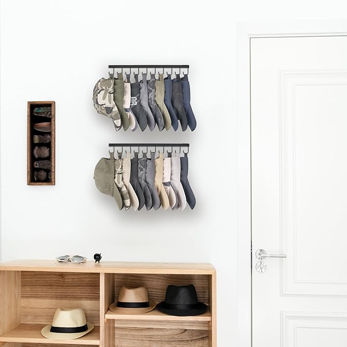 Mkono Hat Rack Wall Mount Set of 2 Hat Storage Organizer for 20 Baseball Caps, Modern Metal Closet Hat Hooks for Wall, Ball Caps Holder Organizer for Bedroom Entryroom Closet Organization, Black