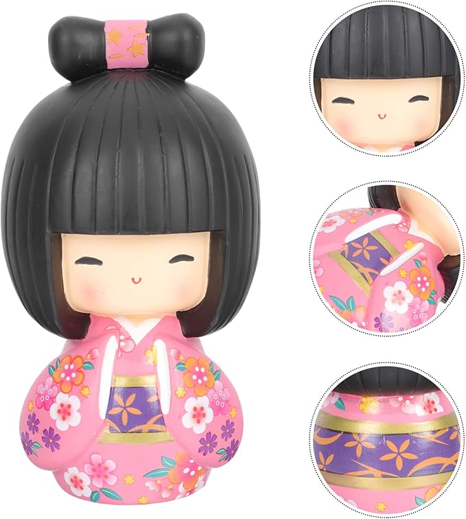 Japanese Kokeshi Doll Girl in Kimono Collectible Figurines Traditional Crafts Oriental Geisha Statue for Office Bar Home Party Table Decoration Pink