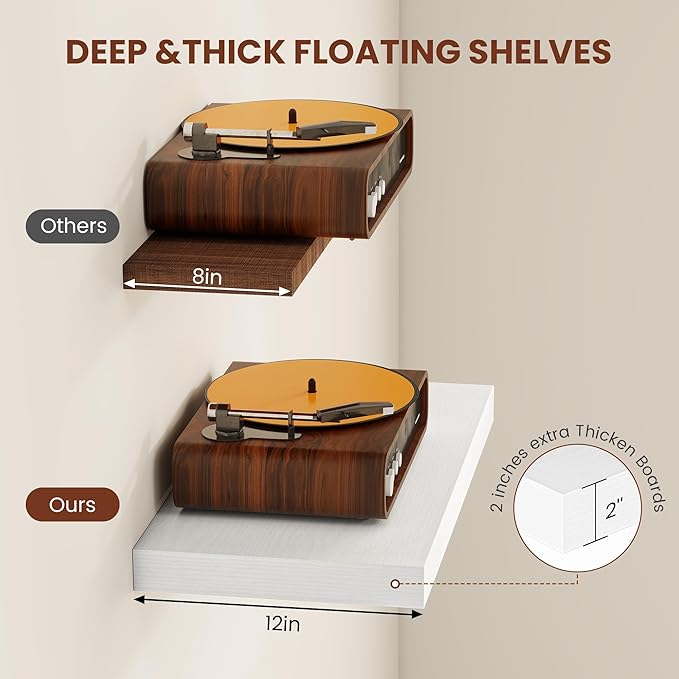 Vivelove White Floating Shelves Over Toilet, 24/36/48/55 Inch X 12 Deep Shelves for Room Wall Mounted, 2" Thick Floating Shelf for Living Room Bedroom Bathroom Kitchen Laundry Room, Set of 2