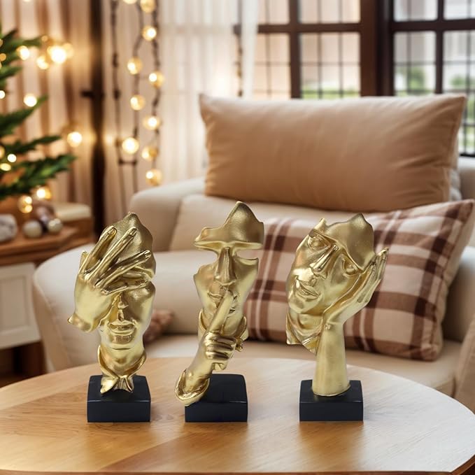 aboxoo Large Size 3 Pcs Thinker Statue, Silence is Gold, See No Evil Hear No Evil Speak No Evil Statues, Modern Resin Sculptures Decor for Living Room Home, Office, Study (Gold)