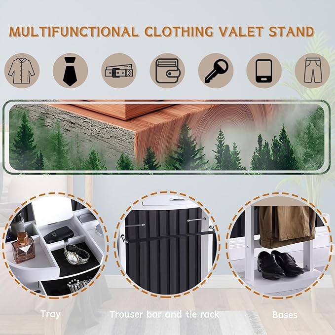 Wood Valet Stand with Drawers, White Men's Valet Stand with Sturdy Base, Suit Valet Stand, Load Capacity 50kg, for Entryway, Bedroom, Office, 17X13.5X42 in (White)
