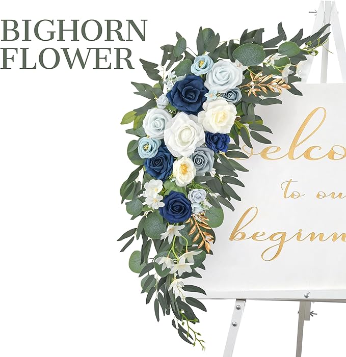Ting's time Wedding Arch Flowers Pack of 2 Artificial Silk Large Flower Swag Welcome Sign Floral Swag Reception Backdrop Floral Decor for Fall Wedding Party Ceremony (Dusty Blue & White)