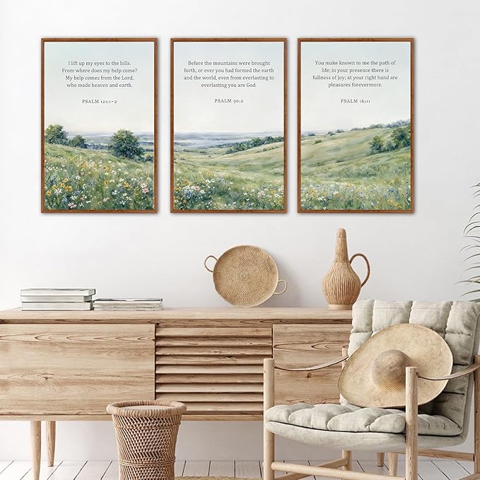 KAlRNE Natural Christian Framed Canvas Wall Art Set of 3(24”X36”),Religious Bible Verse Wall Decor,Vintage Inspirational Scripture Painting,Botanical Green Art Prints For Living Room Bedroom Church
