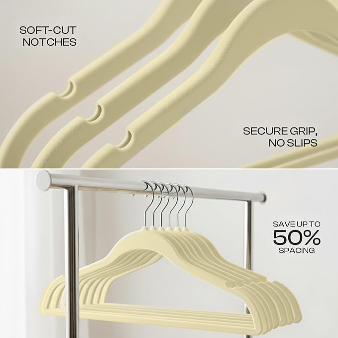 Utopia Home Velvet Hangers 20 Pack – Luxury Non-Slip Slim Pant & Coat Hangers, Strong Space-Saving Clothes Hangers with Pants Bar and 360° Swivel Hook – Ivory