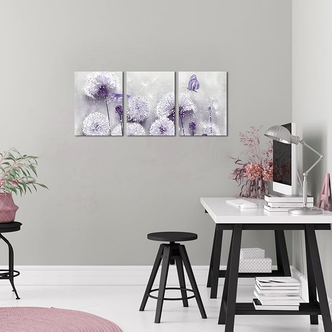 iHAPPYWALL 3 Pieces Lavender Dandelion Canvas Wall Art Abstract Wish Flower Butterfly Picture for Bathroom Bedroom Kitchen Wall Decor Ready to Hang 12x16inchx3pcs (Purple)