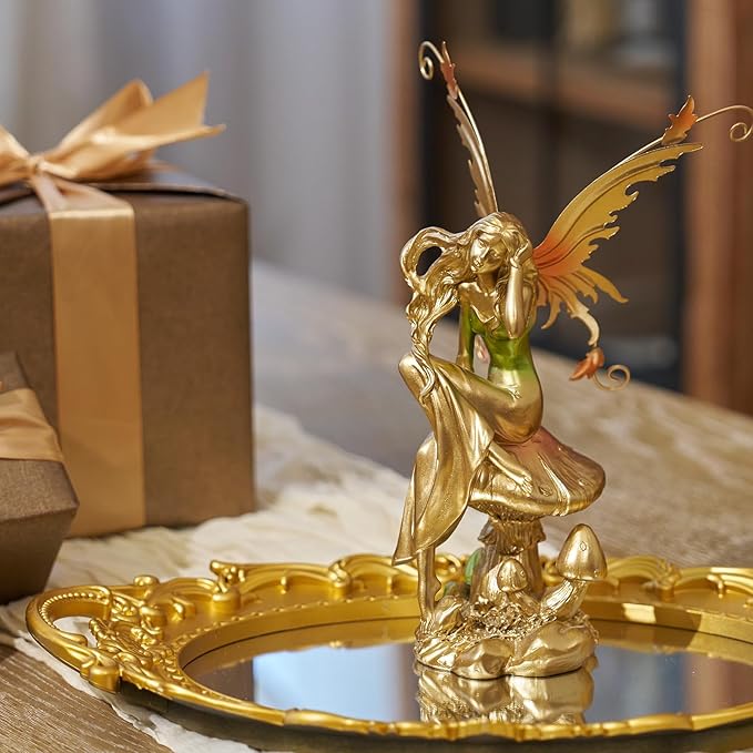 Resin Fairy Statue Elegant Fantasy Decor, Hand-Painted Angel Figurine Graceful Fairy Sculpture for Bookshelf, Mantel, Indoor Outdoor Decor, Thoughtful Gift for Women, Girls (Thinking)