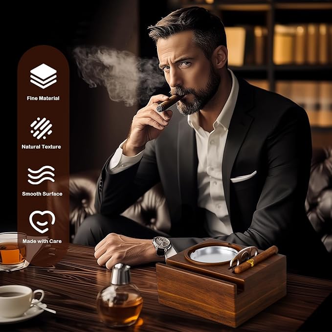 Father Day Gifts Wood Cigar Ashtray Cigarettes Ashtrays for Indoor Outdoor Patio Home Office Use Square Wooden Brown Cigar Ash Tray Father s Day Gift Ideas for Men with GIFT BOX(with Drawer)