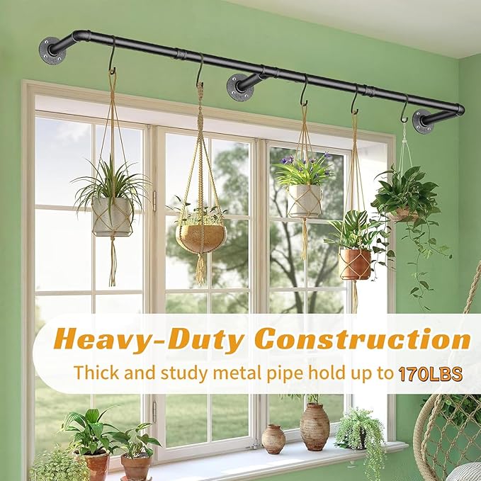 60 INCH Clothes Rack Wall Mounted, Industrial Pipe Garment Rack, Multi-Purpose Clothing Rod for Closet, Laundry Room, Retail Display, Black